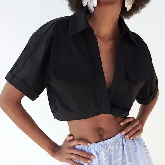 Zara Black Poplin Utility Safari Crop Top W/ Knot short sleeve size S - Picture 2 of 13